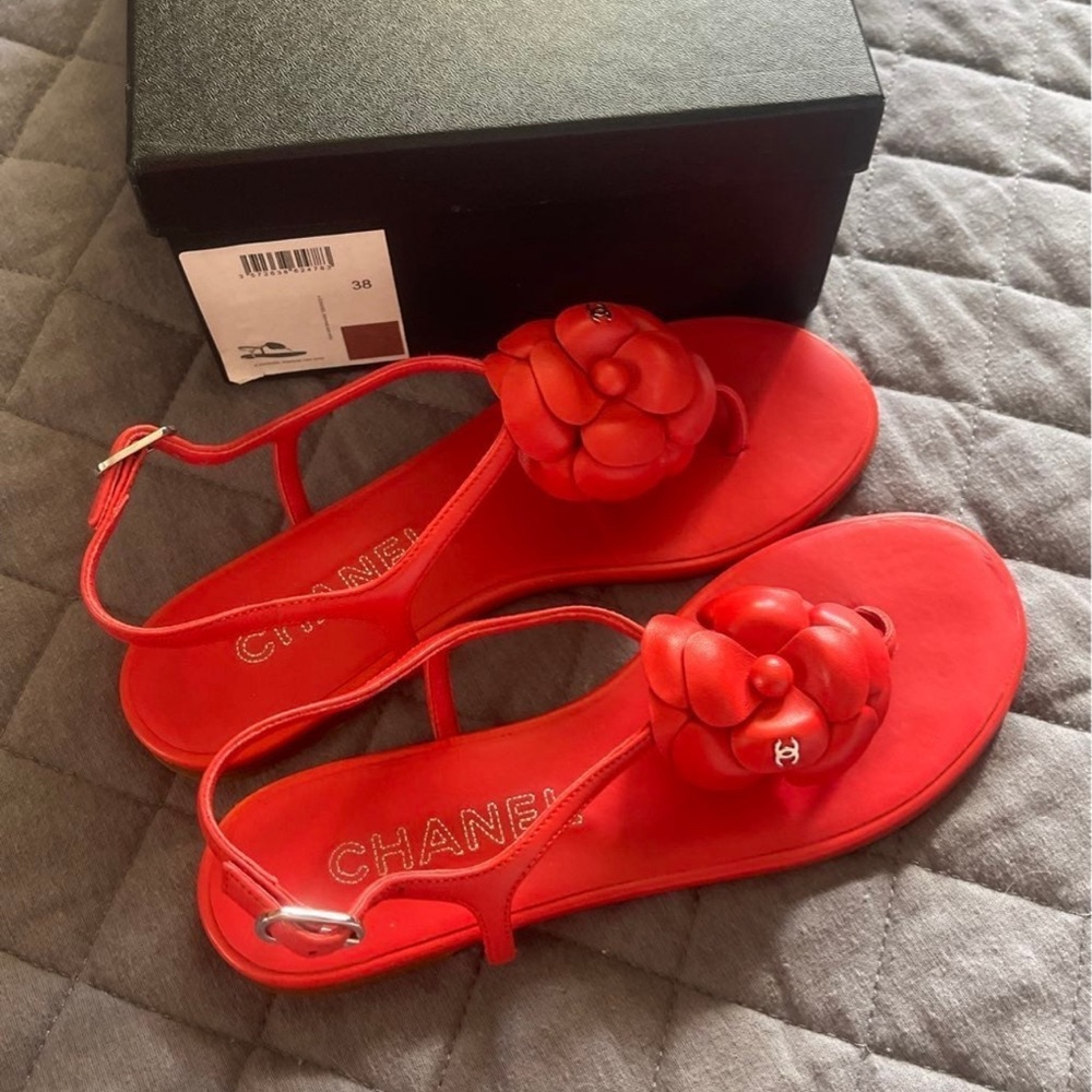 CHANEL Red Camellia Leather Slingback Sandals